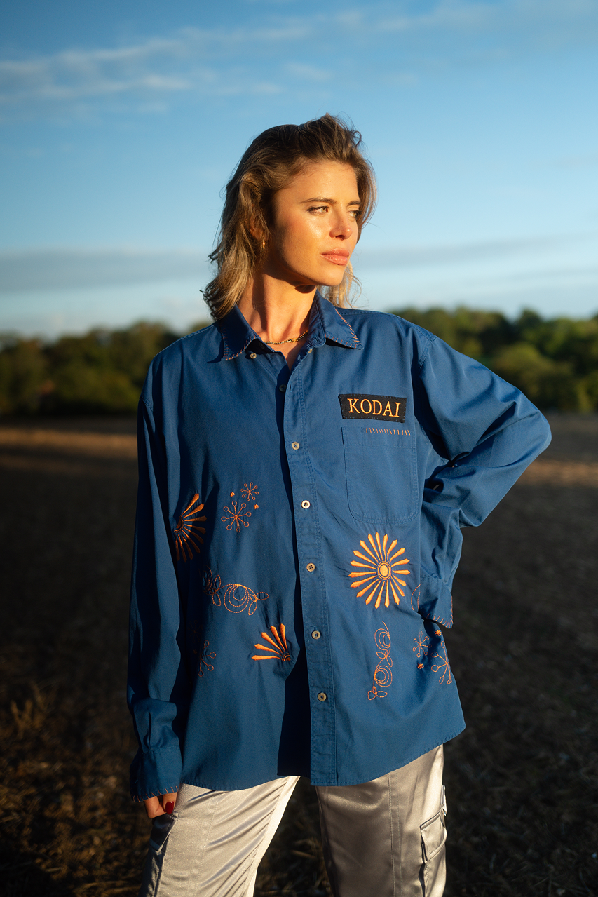 Blue and Orange Embroidered Shirt