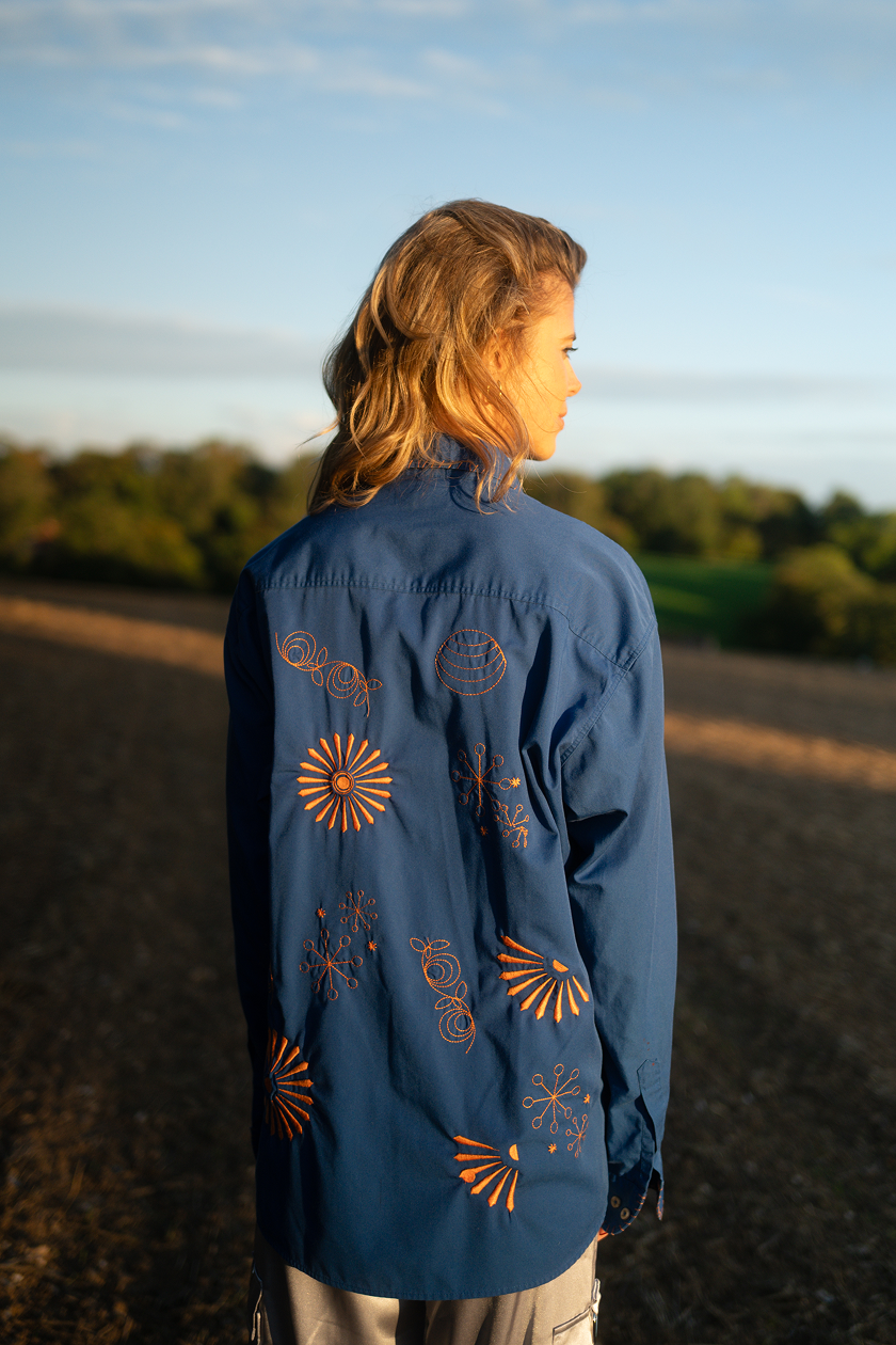 Blue and Orange Embroidered Shirt