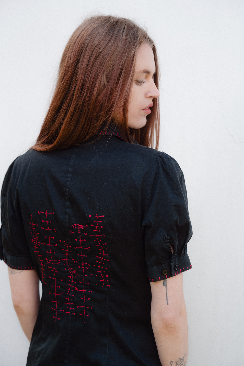 Black and Red Embroidered Short Sleeve Shirt