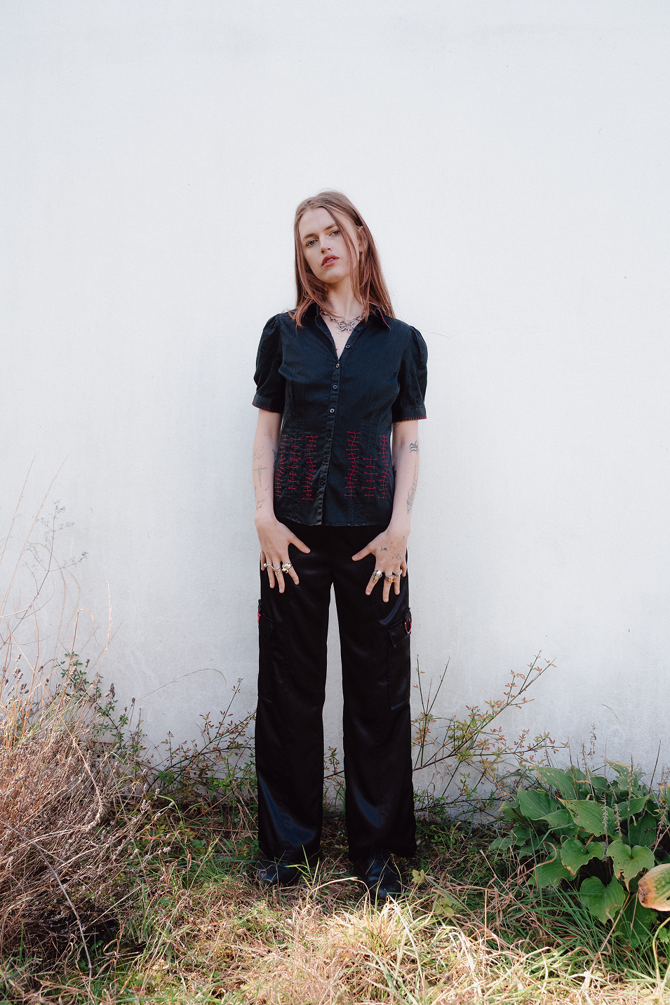 Black and Red Embroidered Short Sleeve Shirt