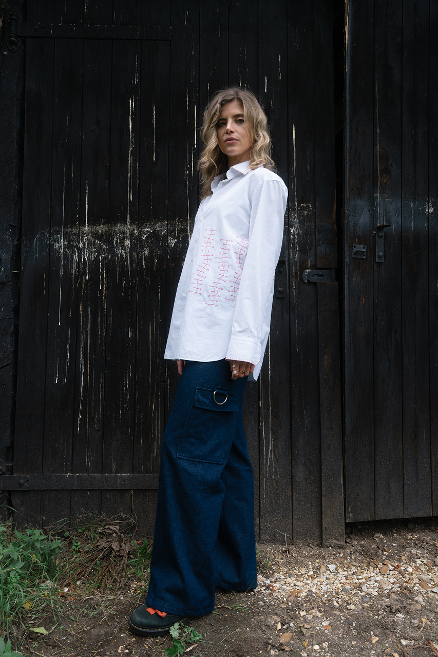 White and Red Embroidered Shirt