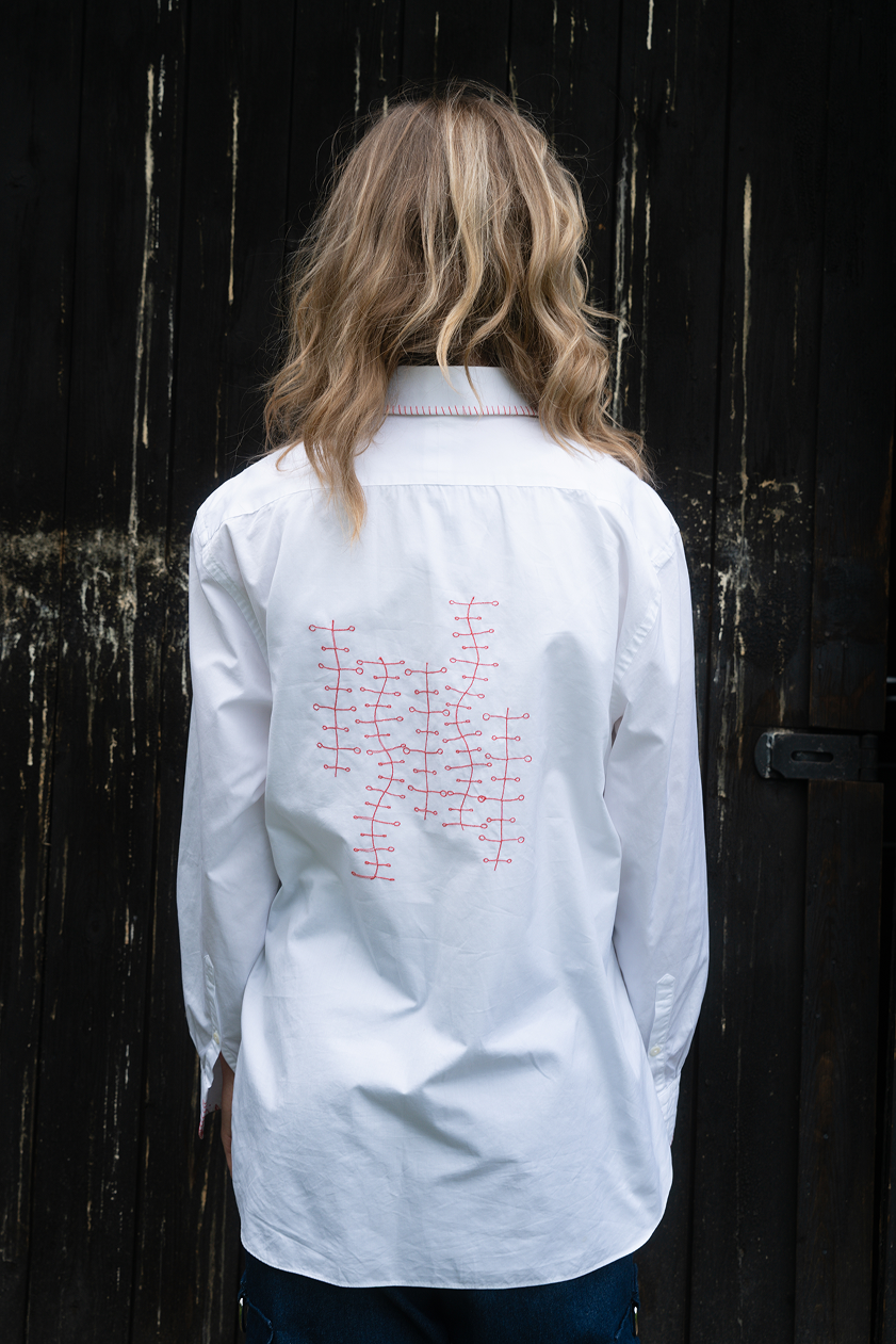 White and Red Embroidered Shirt